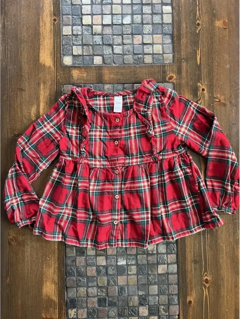 Carter's 100% Cotton Plaid Ruffle Button Front Holiday Top Girls Size 7 🧣🎄